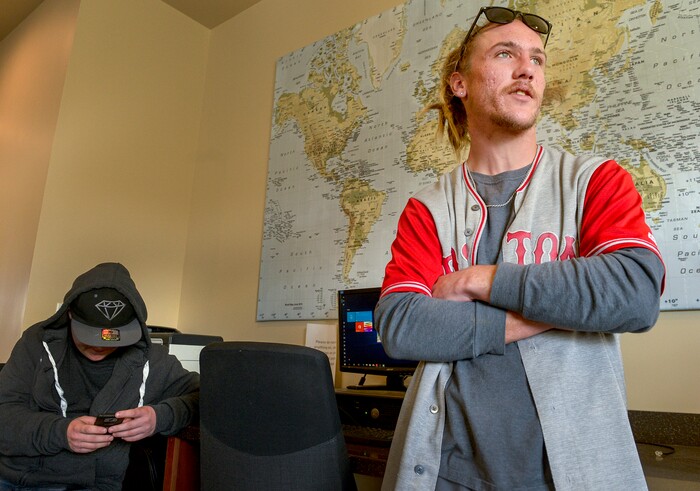 ( Leah Hogsten  |  The Salt Lake Tribune )  Left to right: Cory, who asked to not publish his surname due to the stigma of having been homeless, and Mason Covington, 23 talk about getting their lives back on track now that they have a stable place to live. The Volunteers of America Utah operates two homes in Salt Lake City for homeless young adults, many of whom were turned away by their families or aged out of foster care. Staff members help the women and men finish their education, find jobs and learn life skills so they can transition to independent living or reunify with family members.