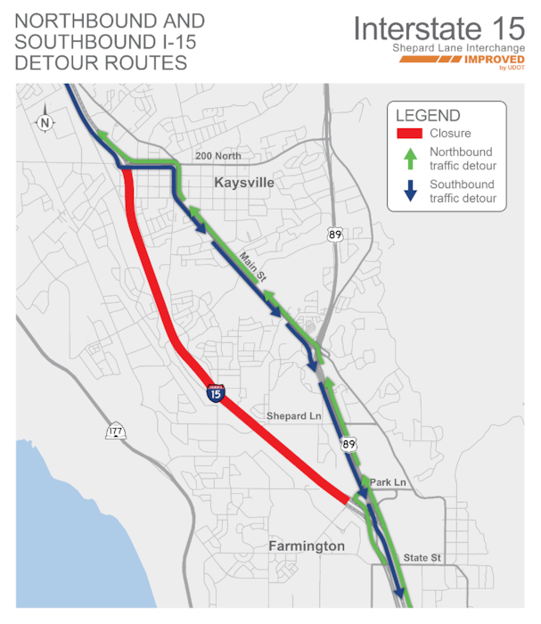 (UDOT) A map showing the closure and detour of a stretch of Interstate 15 in Davis County, from April 28 to May 3, 2025.