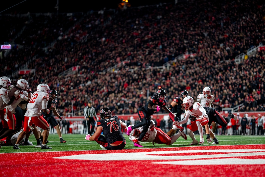 (Trent Nelson  |  The Salt Lake Tribune) Utah Utes running back Wayshawn Parker (1) scores as Utah hosts Houston, NCAA football at Rice-Eccles Stadium in Salt Lake City on Saturday, Oct. 24, 2026.