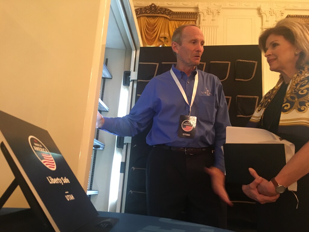 (Thomas Burr | The Salt Lake Tribune) Steve Allred, the president and CEO of Utah-based Liberty Safe, shows off the Presidential 50 safe to a White House official at an event in the East Room on Monday highlighting products made in America.