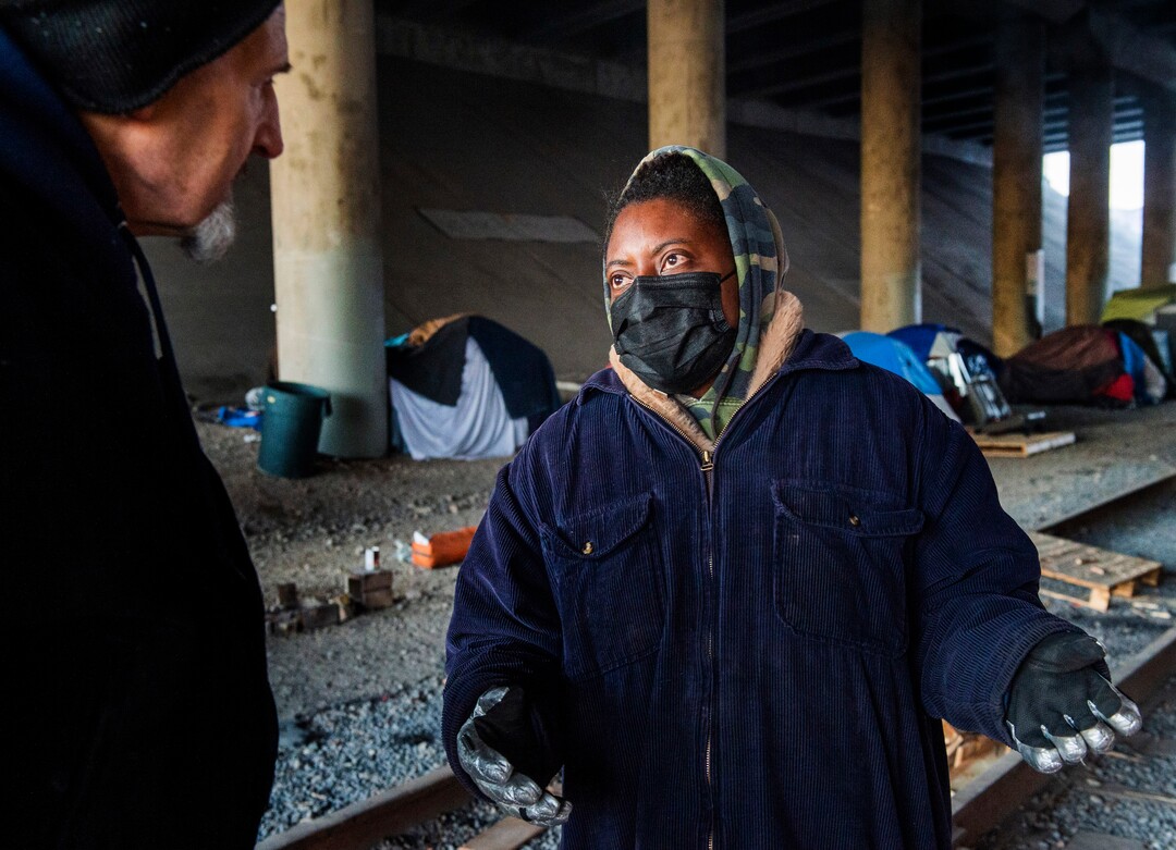 (Rick Egan | The Salt Lake Tribune)  Ty Bellamy (right) talks to Utah Slim about ways to improve the conditions at Camp Last Hope, on Saturday, Jan. 9, 2021.