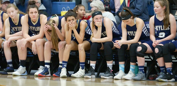 (Leah Hogsten  |  The Salt Lake Tribune) Skyline reacts to the loss. Timpview defeated Skyline 56-49 in their semifinal game of the 5A High School Girls' Basketball Tournament at SLCC in Taylorsville, Friday, Feb. 23, 2018. 