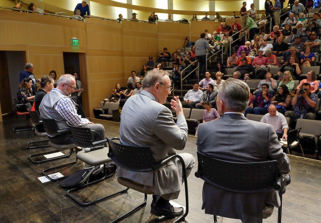 (Francisco Kjolseth  |  The Salt Lake Tribune)  All eight of the candidates for Salt Lake City mayor gather for a debate at the Salt Lake City Library on Wed. June 26, 2019. The debate was hosted by the ABU Education Fund and the University of UtahÕs John R. Park Debate Society and moderated by Averie Vockel.