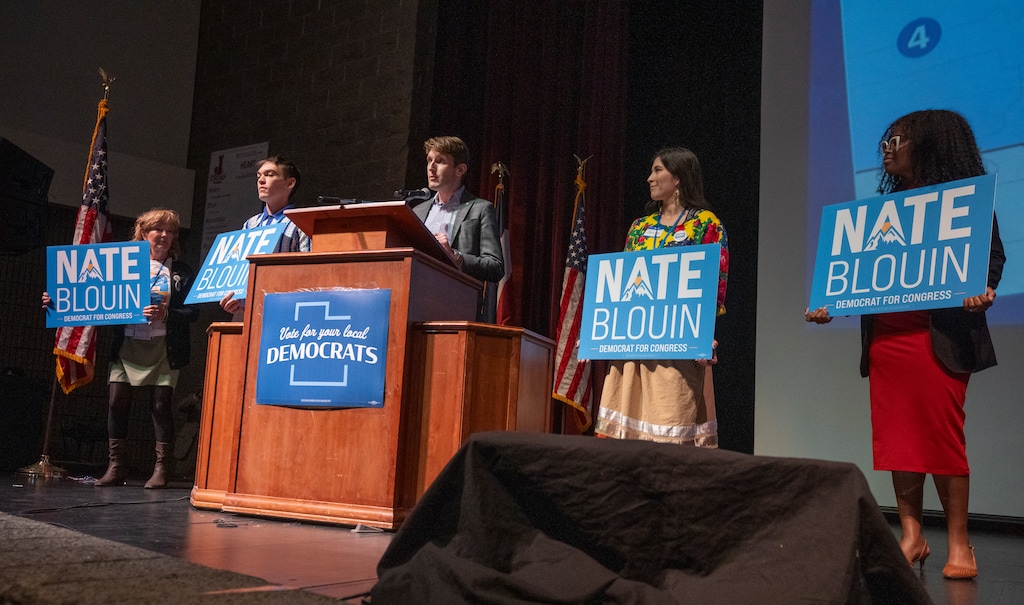 (Rick Egan | The Salt Lake Tribune) Nate Blouin speaks at the democratic nominating convention at Jordan High School, on Saturday, April 25, 2026.
