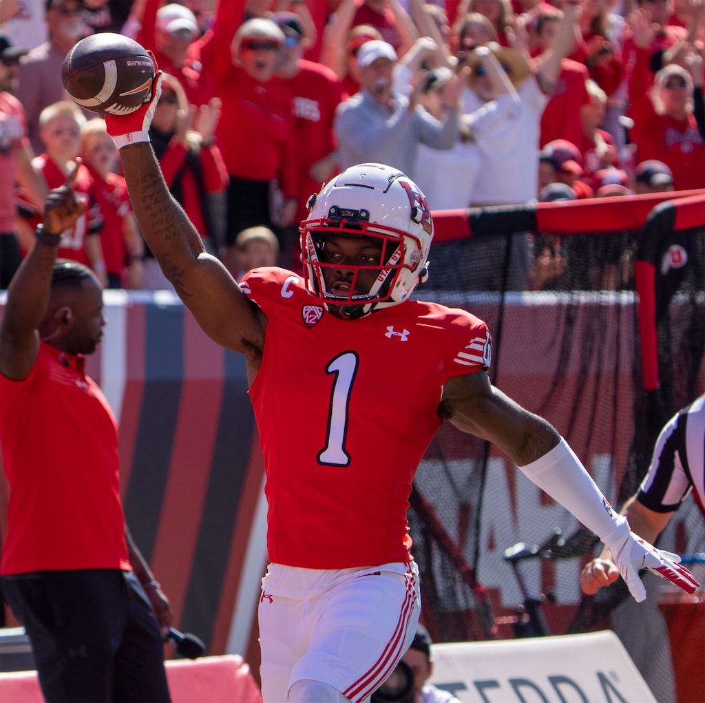 (Rick Egan | The Salt Lake Tribune)  Utah Utes cornerback Clark Phillips III (1) runs for a touchdown after intercepting a an Oregon State Beavers pass, in PAC 12 football action  between the Utah Utes and the Oregon State Beavers, at Rice-Eccles Stadium in Salt Lake City, on Saturday, Oct. 1, 2022.
