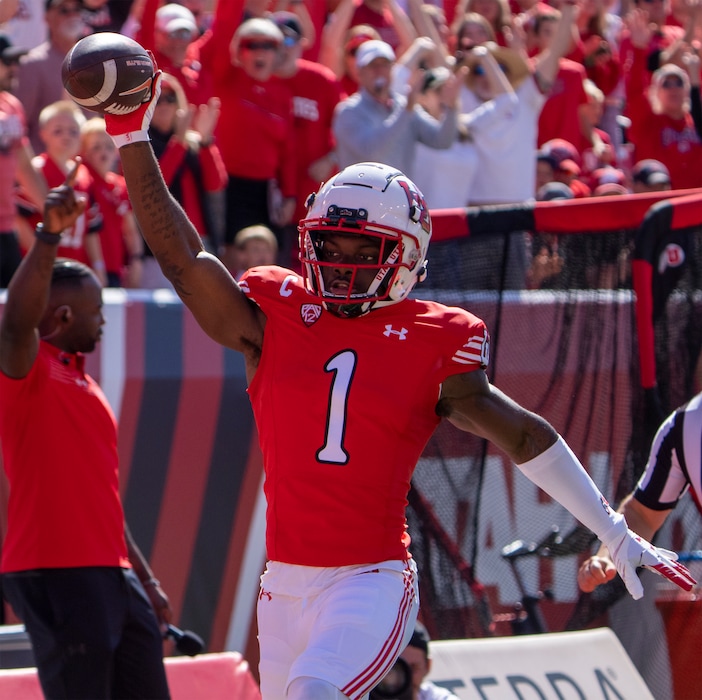(Rick Egan | The Salt Lake Tribune)  Utah Utes cornerback Clark Phillips III (1) runs for a touchdown after intercepting a an Oregon State Beavers pass, in PAC 12 football action  between the Utah Utes and the Oregon State Beavers, at Rice-Eccles Stadium in Salt Lake City, on Saturday, Oct. 1, 2022.