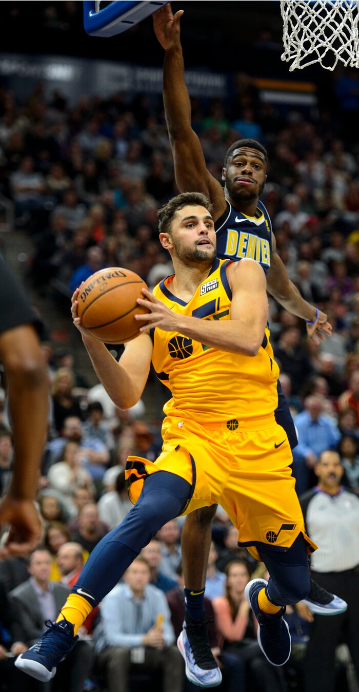 (Steve Griffin  |  The Salt Lake Tribune) Utah Jazz guard Raul Neto (25) looks to pass during the Utah Jazz versus Denver Nuggets NBA basketball game at Vivint Smart Home Arena  in Salt Lake City Tuesday November 28, 2017.