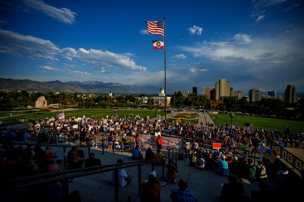 (Trent Nelson  |  The Salt Lake Tribune) People rally at the Utah Capitol as part of the “Good Trouble” day of action,  in Salt Lake City on Thursday, July 17, 2025.