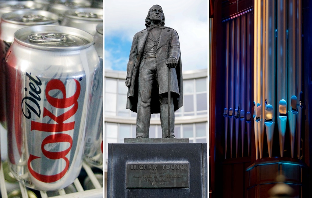 (AP; The Salt Lake Tribune) From left: a can of Diet Coke; a Brigham Young statue at BYU; and the facade of the pipe organ at the Conference Center.