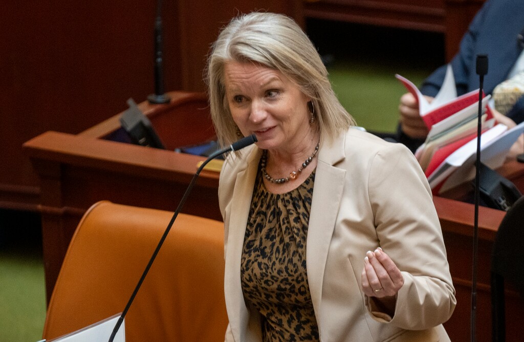 (Rick Egan | The Salt Lake Tribune) Rep. Kristen Chevrier, R-Highland, makes a statement during floor time in the House, on Friday, Feb 7, 2025.