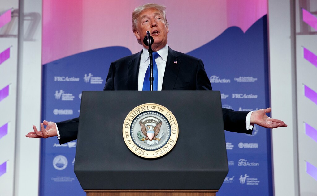 President Donald Trump speaks to the 2017 Value Voters Summit, Friday, Oct. 13, 2017, in Washington. (AP Photo/Evan Vucci)