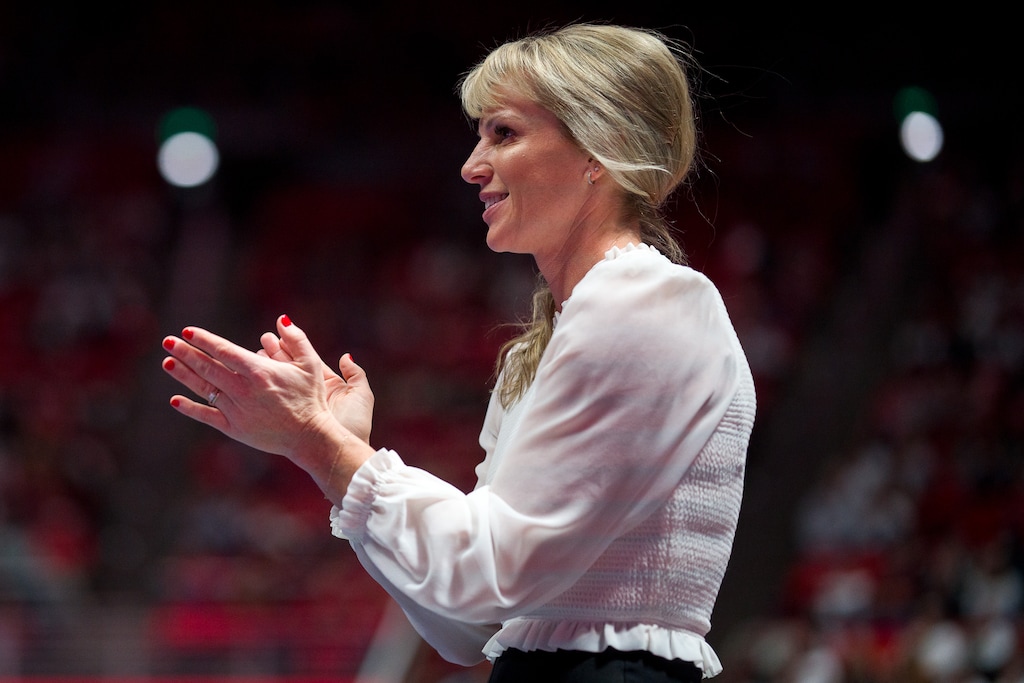 (Trent Nelson  |  The Salt Lake Tribune) Coach Carly Dockendorf as Utah hosts Boise State, NCAA gymnastics in Salt Lake City on Friday, Jan. 5, 2024.