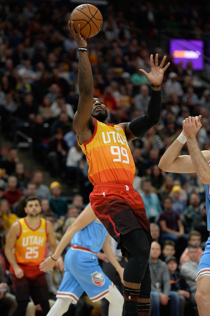 (Francisco Kjolseth  |  The Salt Lake Tribune)  Utah Jazz forward Jae Crowder (99) sails in for a basket over the Sacramento Kings in the NBA game at Vivint Smart Home Arena Wed., Nov. 21, 2018, in Salt Lake City.