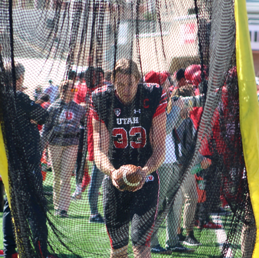 (Christopher Kamrani | The Salt Lake Tribune) Utah punter Mitch Wishnowsky practices punts into the net during the first half of Utah's Red-White game Saturday afternoon at Rice-Eccles Stadium.