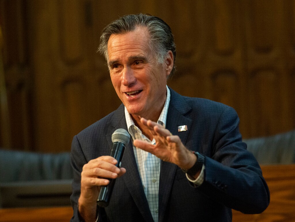 (Rick Egan  |  The Salt Lake Tribune)       Mitt Romney answers questions at a town hall meeting in the Provo City Hall Council Chambers, Friday, June 21, 2019.