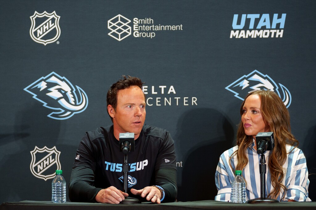 (Trent Nelson  |  The Salt Lake Tribune) Smith Entertainment Group co-founders Ryan and Ashley Smith at the announcement of the new name for Salt Lake City's NHL team, Utah Mammoth, in Salt Lake City on Wednesday, May 7, 2025.