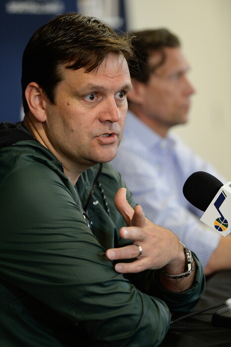 (Francisco Kjolseth | The Salt Lake Tribune) Utah Jazz General Manager Dennis Lindsey and head coach Quin Snyder speak with the media during exit interviews at their practice facility in Salt Lake City Wed., May 8, 2018, after losing to the Houston Rockets in game 5 of their Western Conference Finals during the 2018 NBA Playoffs.