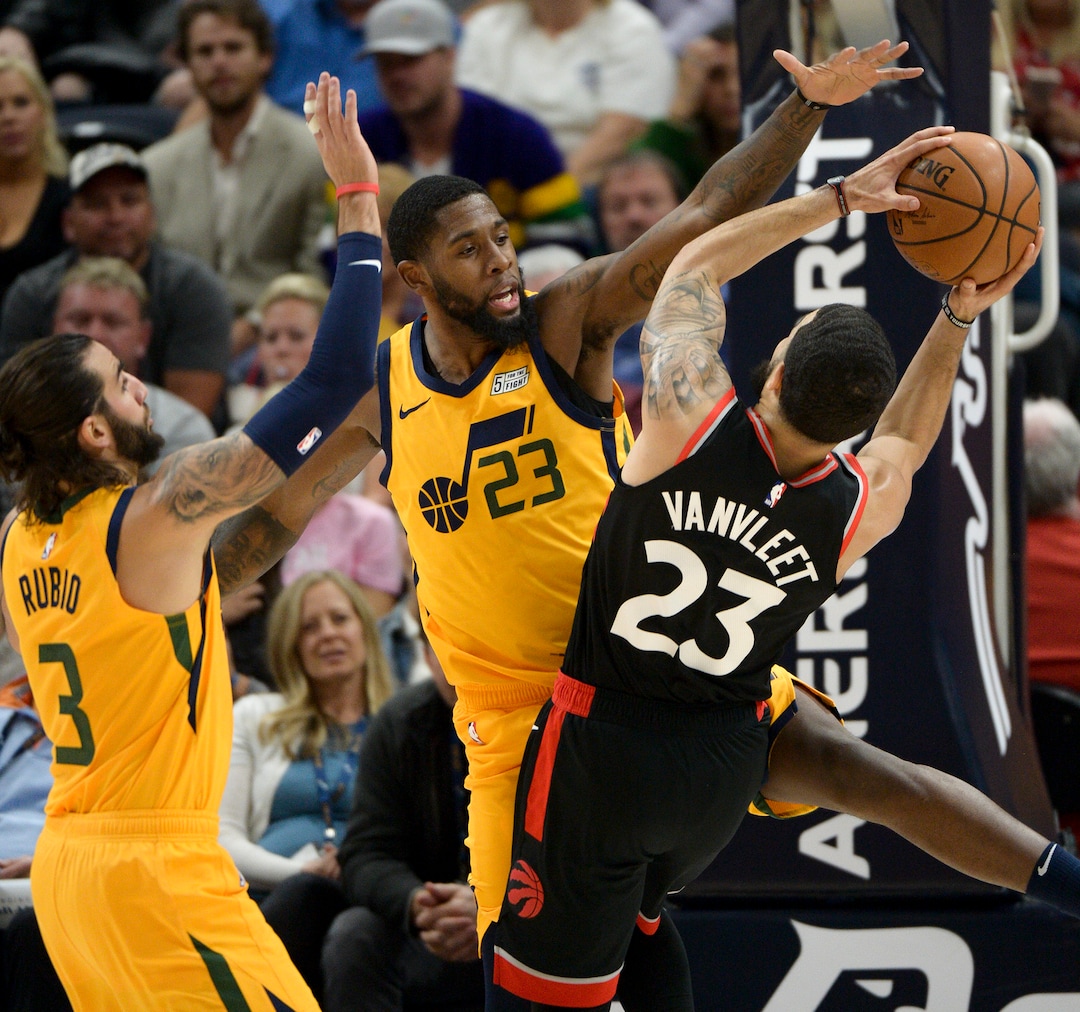 Leah Hogsten  |  The Salt Lake Tribune  Utah Jazz forward Royce O'Neale (23) tries to stop Toronto Raptors guard Fred VanVleet (23)as the Utah Jazz host the Toronto Raptors, Monday, Nov. 5, 2018 at  Vivint Smart Home Arena.