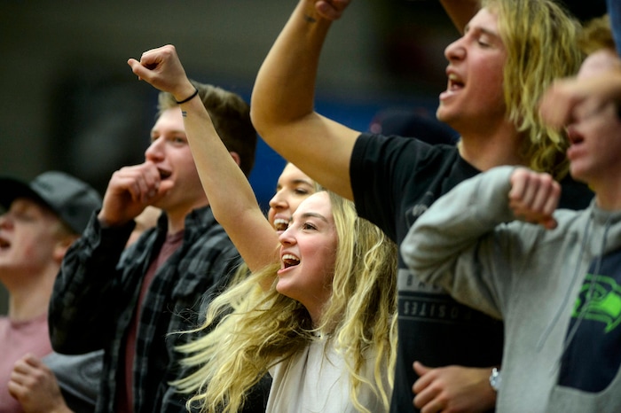 (Steve Griffin | The Salt Lake Tribune) Westlake fans celebrate a victory over Riverton in a 6A basketball playoff game at the Utah Valley University’s UCCU Center in Provo Tuesday Feb. 27, 2018.