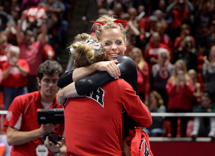 Scott Sommerdorf | The Salt Lake Tribune
Utah's MyKayla Skinner and team mates react to her 10.00 score in the floor exercise. Utah outscored Stanford 197.500 to 196.275, Friday, March 3, 2017. 