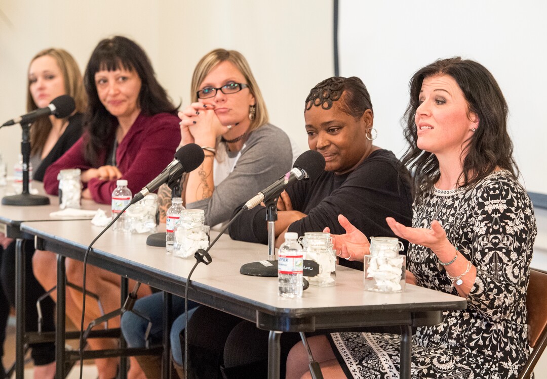 (Rick Egan  |  The Salt Lake Tribune)     (Left to Right)  Brittney Garcia, Gina Salazar, Tiffany Thomas, Regina Mullins and Kimberli Kocherhans, take part in a survivors panel during the "Love Heals" forum on sex trafficking at St. Mark's Cathedral, Friday, March 23, 2018.