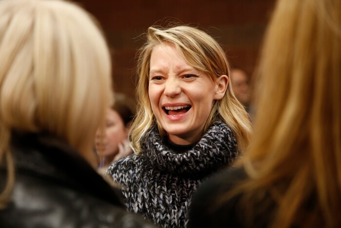 Actress Mia Wasikowska is interviewed at the premiere of "Damsel" during the 2018 Sundance Film Festival on Tuesday, Jan. 23, 2018, in Park City, Utah. (Photo by Danny Moloshok/Invision/AP)