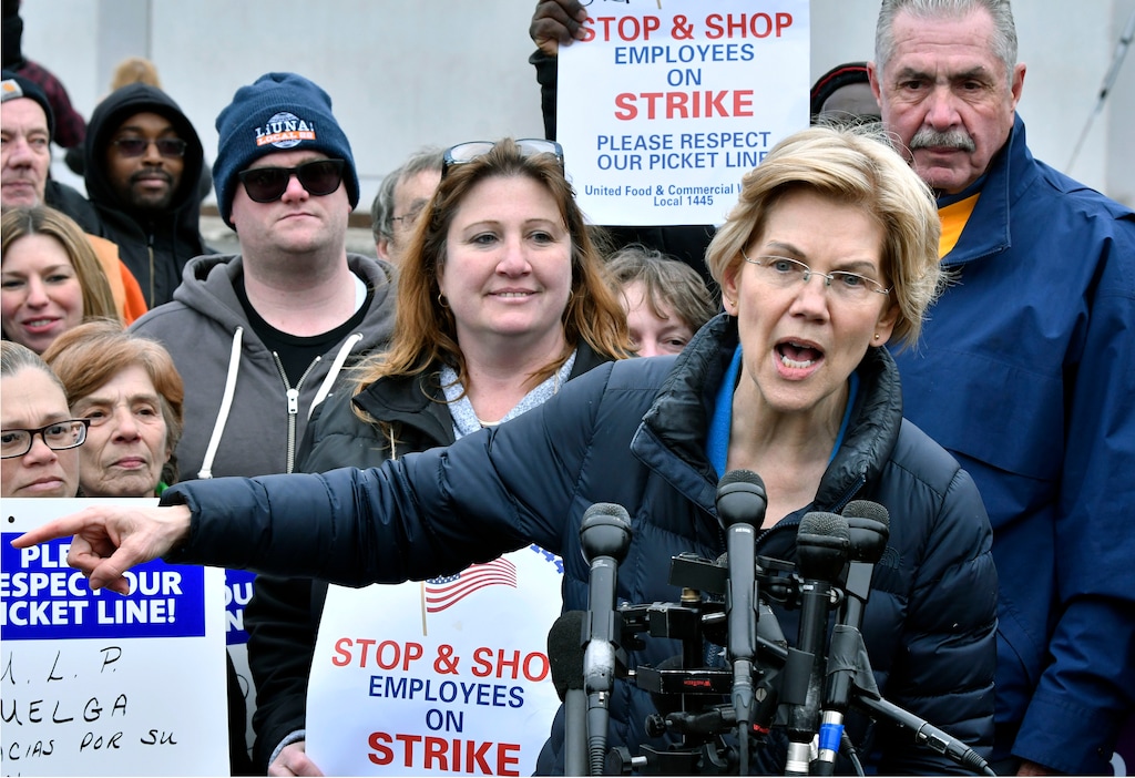 Democratic Presidential hopeful, Sen. Elizabeth Warren, D-Mass., speaks after she joined striking Stop & Shop supermarket employees on the picket line on Friday, April 12, 2019, in Somerville, Mass. Unionized workers in three states walked off the job on Thursday over stalled contract negotiations. (AP Photo/Josh Reynolds)