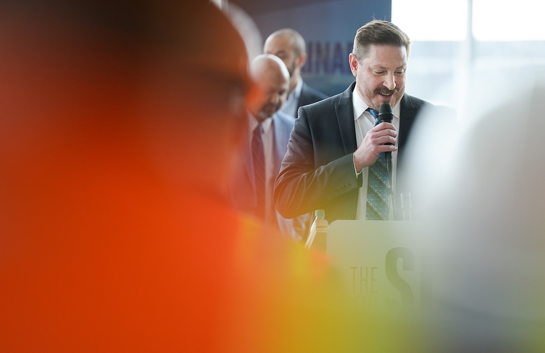 (Francisco Kjolseth  |  The Salt Lake Tribune)  Doug Hofeling, Chief Operating Officer for Salt Lake Brewing Company, joins the press announcement within the large Terminal Plaza at Salt Lake City International Airport where food concessionaires were announced for the first phase of the new expanded airport on Wed. Feb. 20, 2019. 