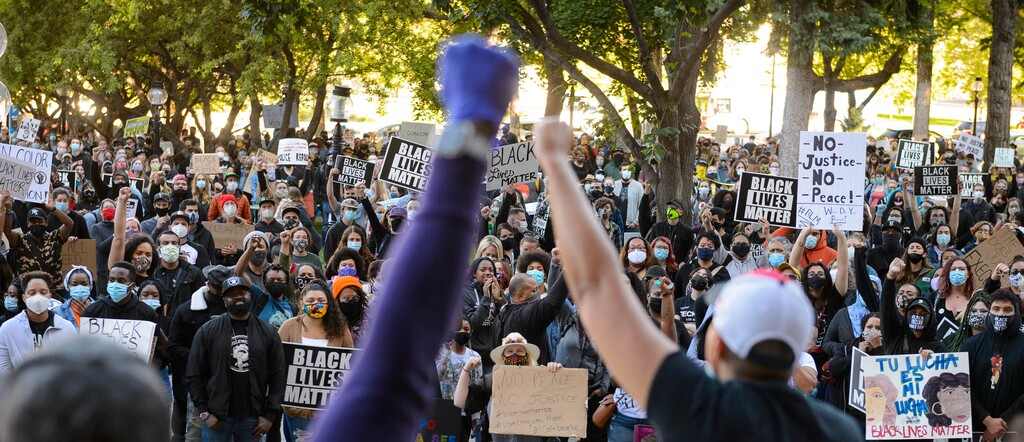 (Trent Nelson  |  The Salt Lake Tribune) Lex Scott speaks at a Black Lives Matter protest at City Hall Salt Lake City on Wednesday, June 10, 2020.