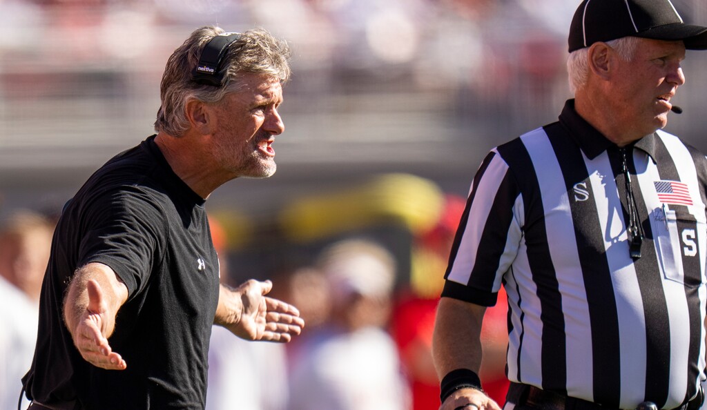 (Rick Egan | The Salt Lake Tribune)  Utah Utes head coach Kyle Whittingham reacts to a call by the officials, in the 4th quarter,  in PAC-12 football action between the Utah Utes and the UCLA Bruins, at Rice-Eccles Stadium, on Saturday, Sept. 23, 2023.