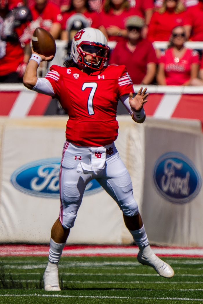 (Trent Nelson  |  The Salt Lake Tribune) Utah Utes quarterback Cameron Rising (7) throws the ball as the University of Utah hosts Washington State, NCAA football in Salt Lake City on Saturday, Sept. 25, 2021.