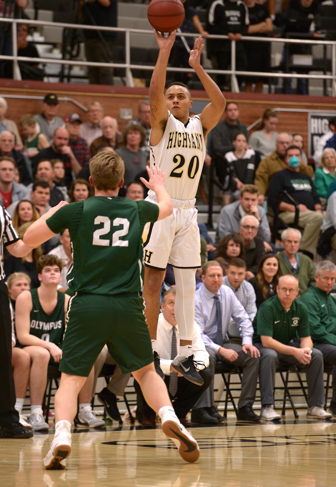 (Leah Hogsten  |  The Salt Lake Tribune) Highland's Elijah Shelton aims for the net. Olympus High School defeated Highland High School 86-54 during their basketball game, Tuesday, February 6, 2018.