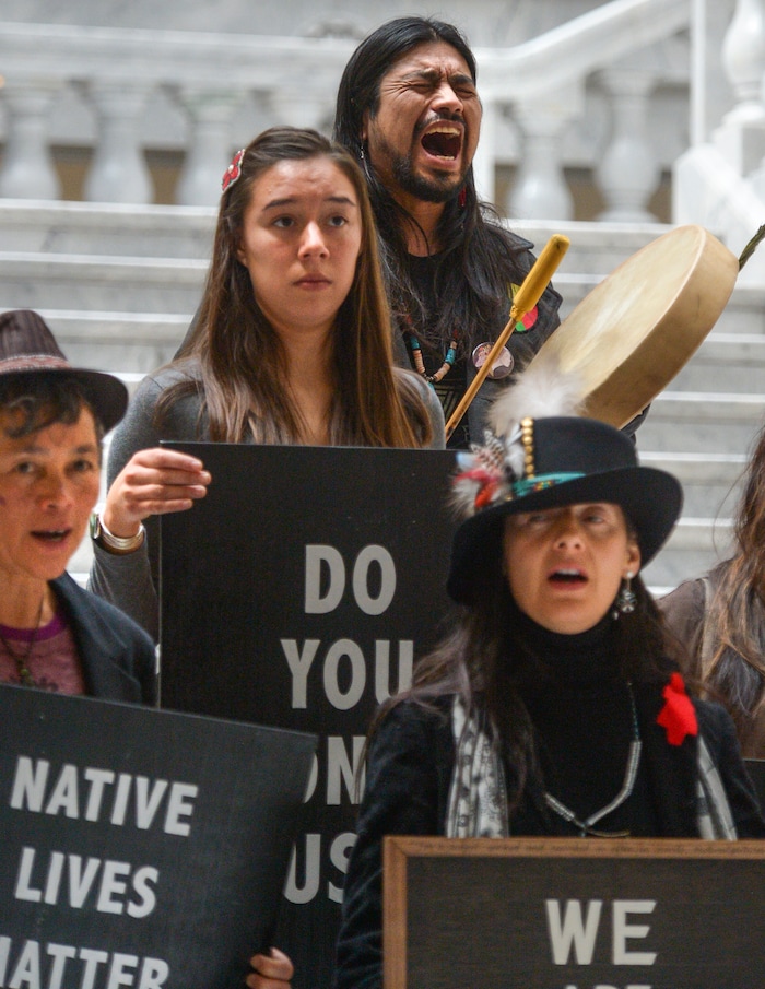 (Leah Hogsten | The Salt Lake Tribune) Members of PANDOS or Peaceful Advocates for Native Dialogue and Organizing Support, sing to raise awareness for the 1,500 Indigenous women who go missing every year at Amplifying WomenÕs Voices rally to celebrate International WomenÕs Day at the Utah State Capitol Rotunda, hosted by KRCL Thursday, March 8, 2018.