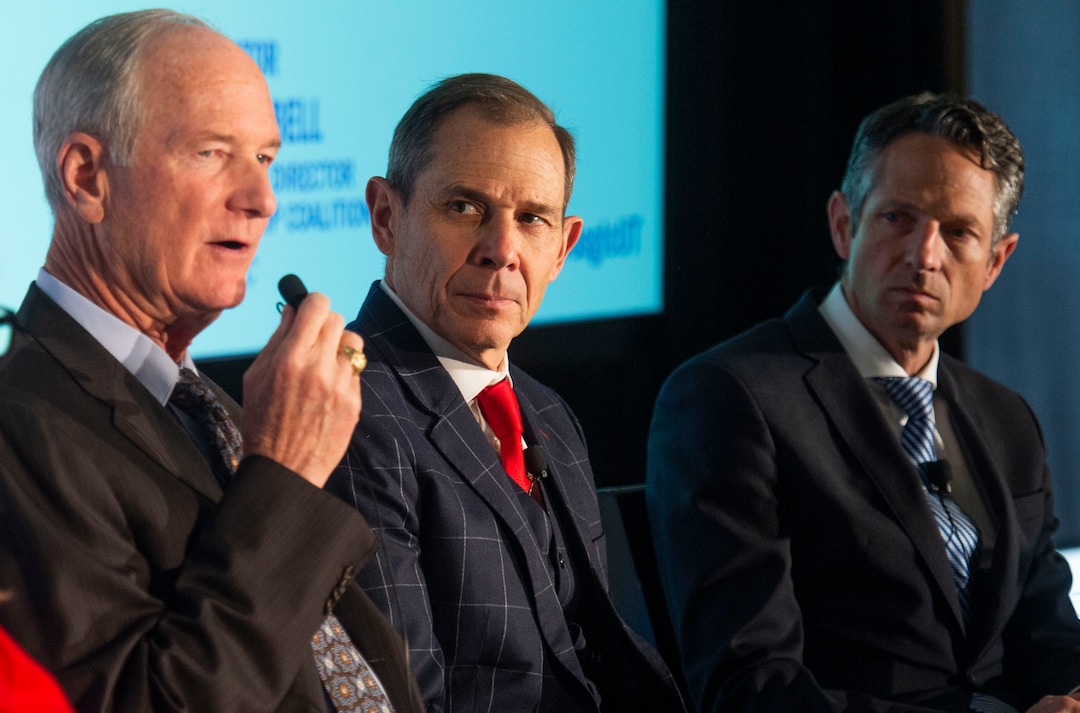 (Rick Egan  |  The Salt Lake Tribune)      Vice Admiral Dick Gallagher U.S. Navy (ret.) makes a comment as Congressman John Curtis and Derek Miller, President and CEO of Salt Lake Chamber, listen, during a forum on how American aid strengthens national security and creates opportunities for Utah businesses, sponsored by the U.S. Global Leadership Coalition, at Thanksgiving Point, Friday, April 5, 2019.