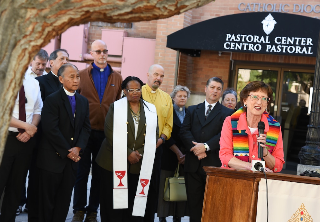 (Francisco Kjolseth | The Salt Lake Tribune) Rev. Kim James of First United Methodist Church, Marriott-Slaterville, joins other Utah faith leaders at the Cathedral of the Madeleine in Salt Lake City on Wed. Oct. 3, 2018, to make a joint statement in support of Prop 3, which would expand Medicaid in Utah.