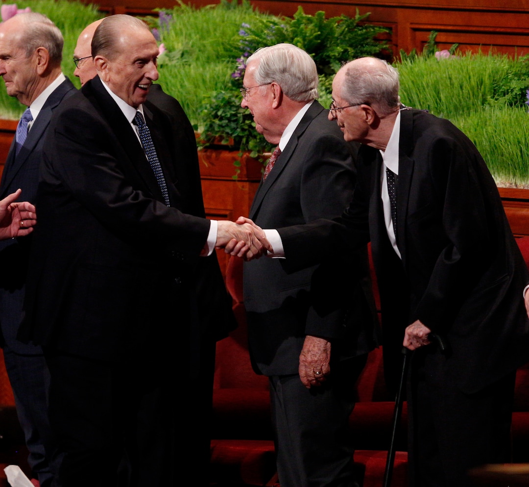 (Photo courtesy of Intellectual Reserve) At the closing of the 186 annual general conference, President Thomas S. Monson shakes the hands of members of the Quorum of the Twelve Apostles such as Elder Robert D. Hales.