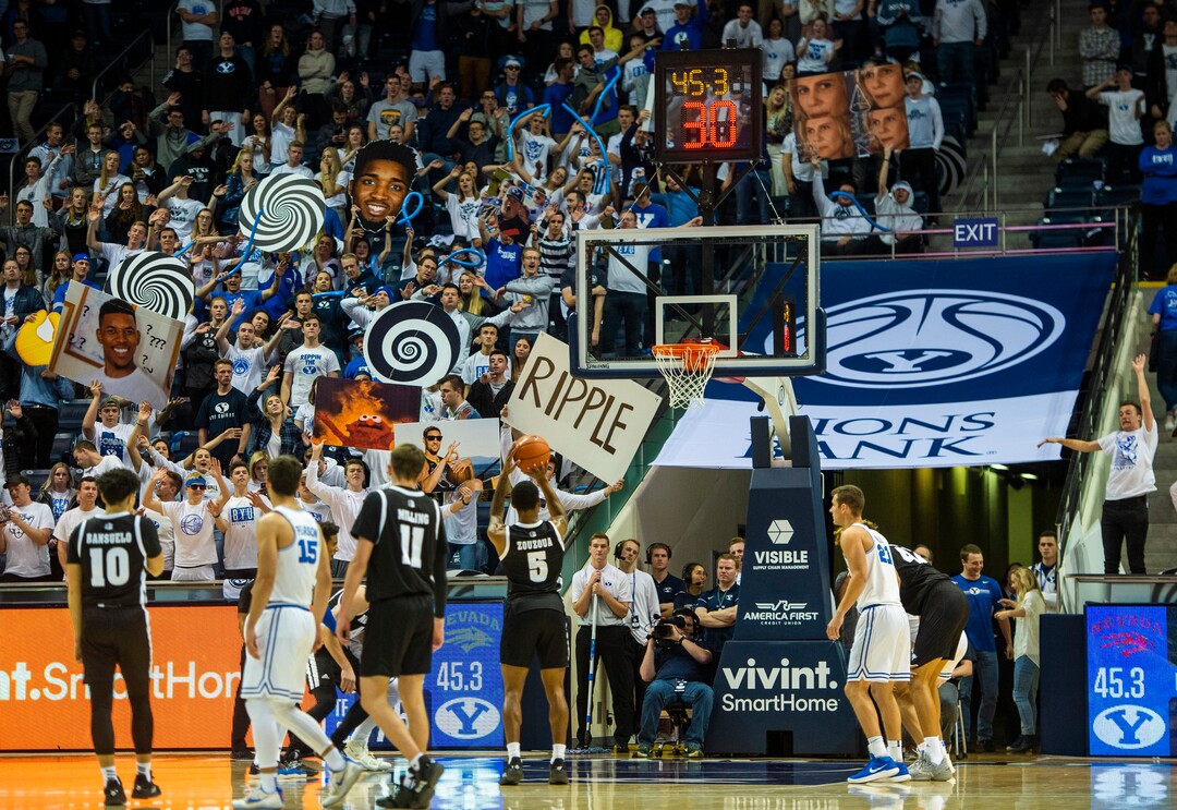 (Rick Egan  |  The Salt Lake Tribune)         Brigham Young fans try to distract Nevada Wolf Pack guard Nisre Zouzoua (5) as he shoots a free throw, in basketball action between the Brigham Young Cougars and the Nevada Wolf Pack, at the Marriott Center, in Provo, Saturday, December 10, 2019.