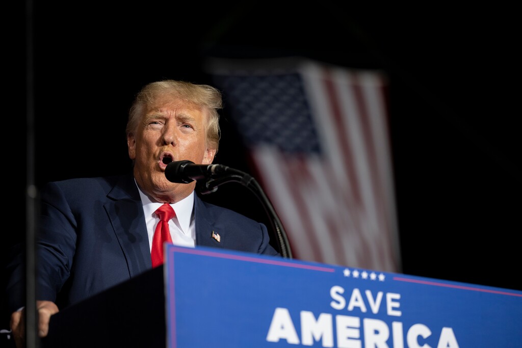 (José Luis Villegas | AP) Former President Donald Trump at a rally at the Minden Tahoe Airport in Minden, Nev., Saturday, Oct. 8, 2022.
