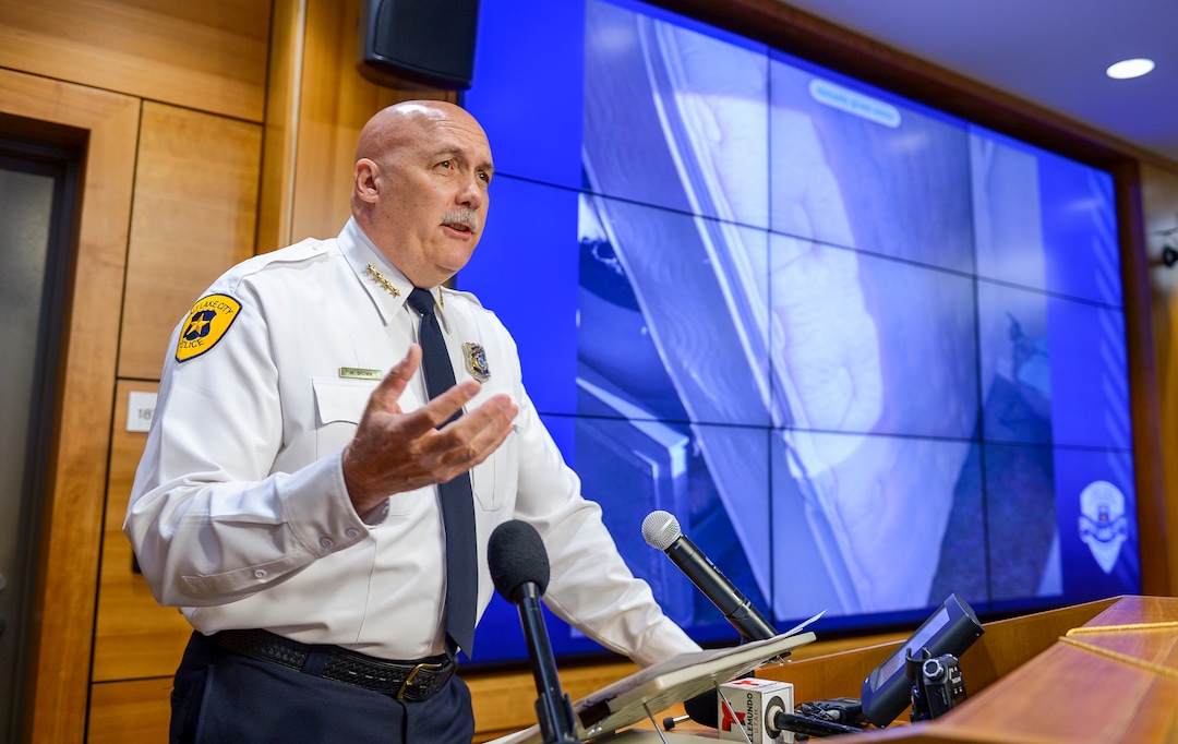(Leah Hogsten  |  The Salt Lake Tribune) ÒWe are looking for this mattress,Ó said Salt Lake City Police Chief Mike Brown during a media briefing June 27, 2019. The mattress and box spring were once owned by a person of interest in the in the disappearance of missing University of Utah student MacKenzie Lueck and was given away through an online Òyard saleÓ site last week. Chief Brown confirmed that the owner of the Fairpark home searched overnight is a Òperson of interest.Ó Police are not identifying the man and no arrests have been made.