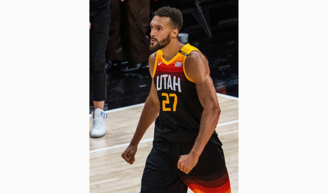 (Rick Egan | The Salt Lake Tribune) Utah Jazz center Rudy Gobert (27) reacts as the Jazz beat the LA Clippers 112-109 after he blocked a shot by LA Clippers forward Marcus Morris Sr. (8) with seconds left in Game One of the second round of the NBA playoffs at Vivint Arena, on Tuesday, June 8, 2021.