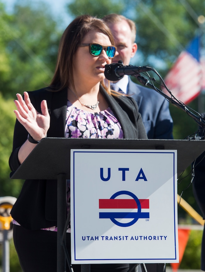 (Rick Egan  |  The Salt Lake Tribune)    South Salt Lake Mayor Cherie Wood says a few words as South Salt Lake and other dignitaries met together to break ground on construction of UTA’s S-Line double track project, on 300 East and 2233 South, Monday, June 11, 2018.