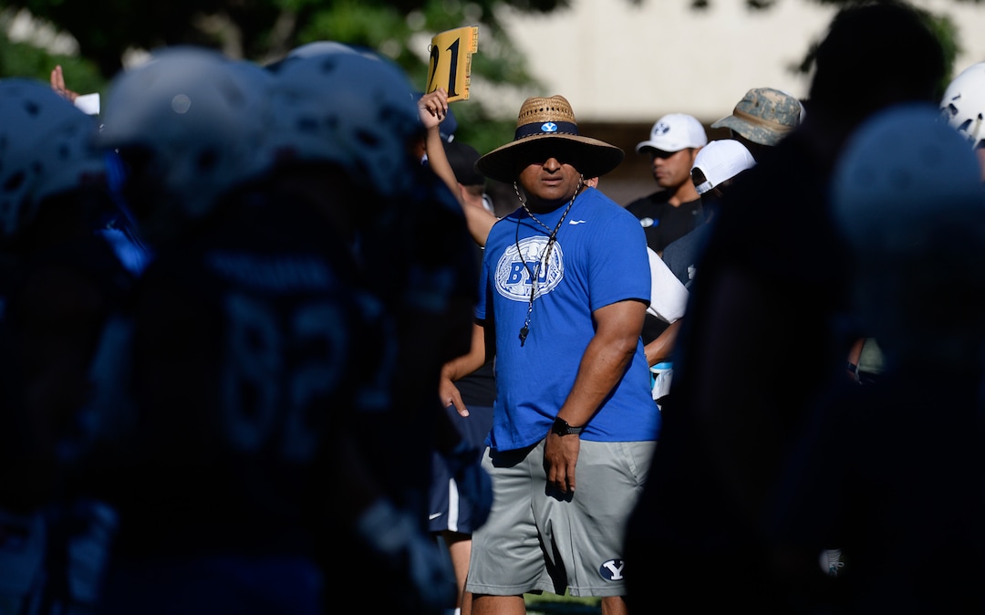 Francisco Kjolseth | The Salt Lake TribuneBYU football coach Kalani Sitake, center, begins preparations for the season with preseason training camp on Thursday, July 27, 2017, at their practice field in Provo.