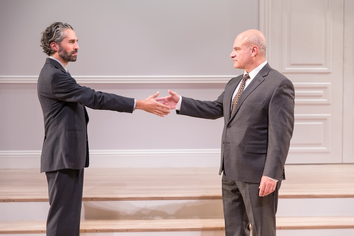 (photo courtesy Pioneer Theatre Company) Israeli diplomat Uri Savir (Ben Cherry, left) makes an agreement with his Palestinian counterpart, Ahmed Qurel (Demosthenes Chrysan), in a scene from Pioneer Theatre Company's production of J.T. Rogers' Tony-winning play "Oslo."  The play runs at Pioneer Memorial Theatre from Sept. 14 to 29.