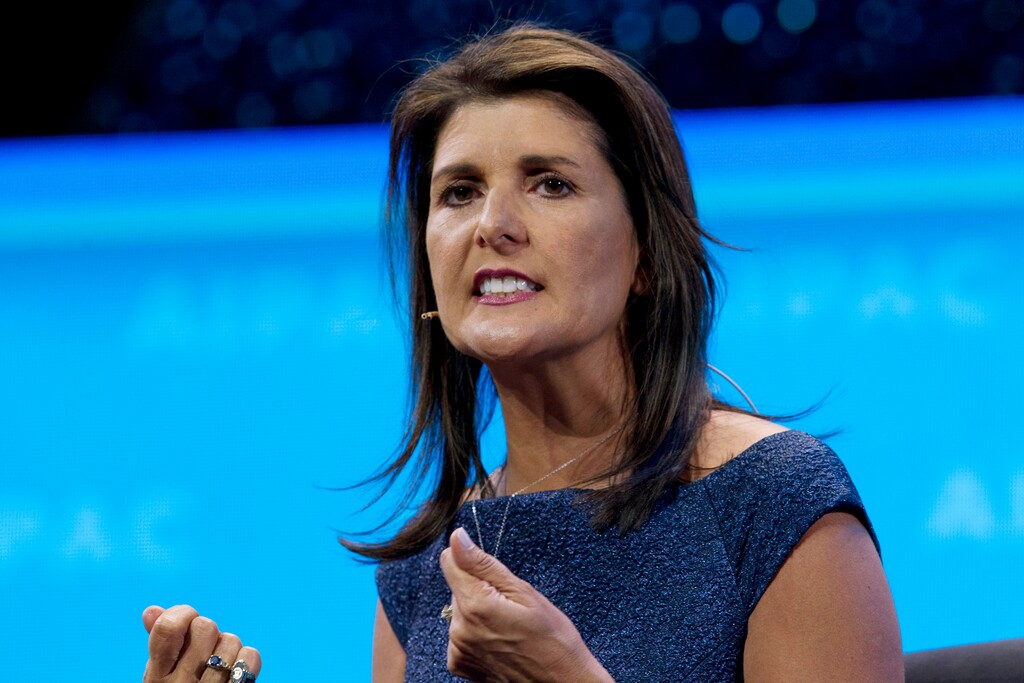 (Jose Luis Magana | AP file photo) In this Monday, March 25, 2019 file photo, Former Ambassador to the U.N Nikki Haley speaks at the 2019 American Israel Public Affairs Committee (AIPAC) policy conference, at the Washington Convention Center in Washington. Former South Carolina Gov. Nikki Haley says in an interview that a man who gunned down nine worshipers at an African American church in 2015 ‘hijacked’ the ideals many connected to the Confederate battle flag. Haley said that the flag had meant service, sacrifice and heritage to some.