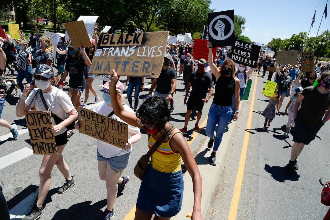 (Francisco Kjolseth  |  The Salt Lake Tribune) Demonstrators march the streets of downtown Salt Lake City for a protest as part of a series of Juneteenth celebrations on Friday, June 19, 2020.