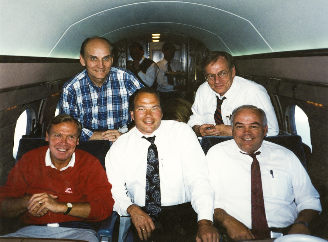(photo courtesy Elder Ronald A. Rasband) Jon Huntsman, Elder Ronald A. Rasband, Norm Bangerter, Jake Garn and Wayne Owens aboard Huntsman's jet.
