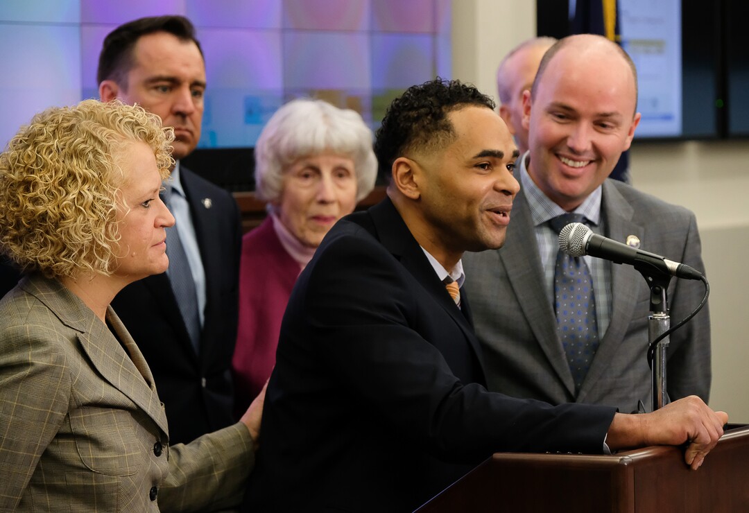 (Francisco Kjolseth  |  The Salt Lake Tribune)  Rich Deprez, a recovering addict who found himself pulled back in to drugs, talks about turning his life around with the help of Operation Rio Grande, which began six months ago. Surrounded by State and local officials Deprez nervously found the courage to speak during a press event at the Utah Capitol on Monday, Feb. 5, 2018, as officials gave an update to the recent changes.