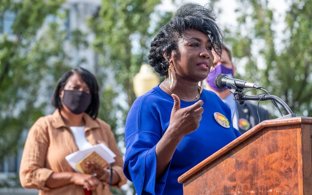 (Leah Hogsten  |  The Salt Lake Tribune)  "Until we remove this language from our constitution, we are not equal," said Tamu Smith. A coalition of politicians, religious leaders and civil rights activists are urged Utahns to pass Amendment C on the ballot to remove old wording in the state constitution, Sept. 22, 2020, that they say still allows slavery as a punishment for crime.