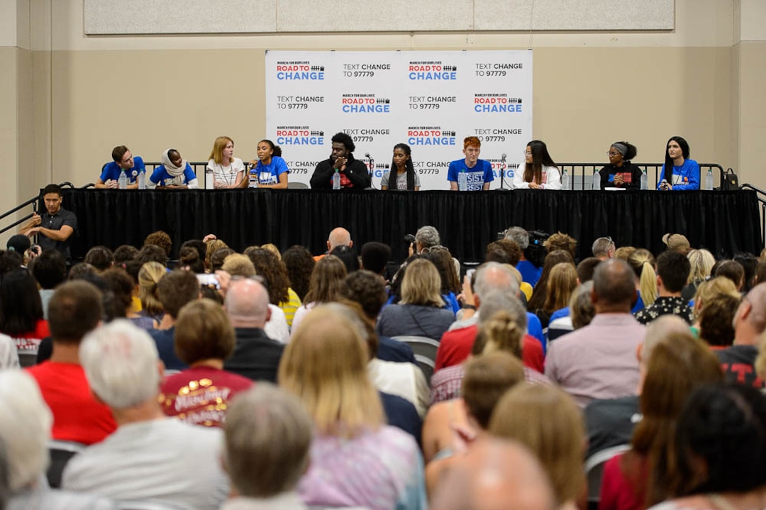 (Trent Nelson | The Salt Lake Tribune)  Student activists involved with the March for Our Lives movement speak at a town hall at the Mountain America Expo Center in Sandy, Saturday July 14, 2018.