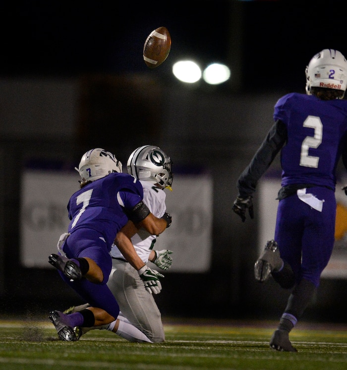 (Scott Sommerdorf   |  The Salt Lake Tribune)   Lehi DB Will Overstreet stripped the ball and fused Olympus RB Tommy Poulton to fumble during first half play. Lehi led Olympus 26-0 late in the second half, Friday, September 22, 2017.